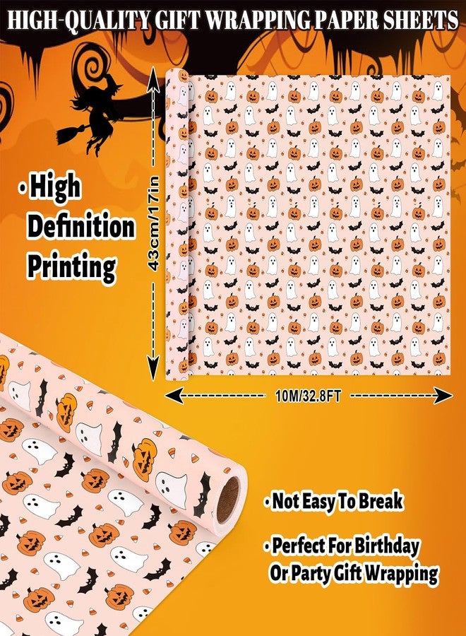 Whaline Halloween Wrapping Paper - Mini Roll - 17 In x 32.8 Ft Cute Pumpkin Ghost Bats Gift Wrap Paper Boho Orange DIY Art Crafts Packing for Halloween Birthday Baby Shower Holiday Party - Image 2